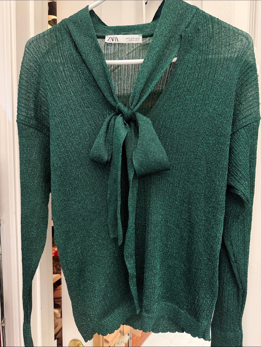 Zara Emerald Green Metallic Lurex bow Tie-Neck V-Neck Sweater top